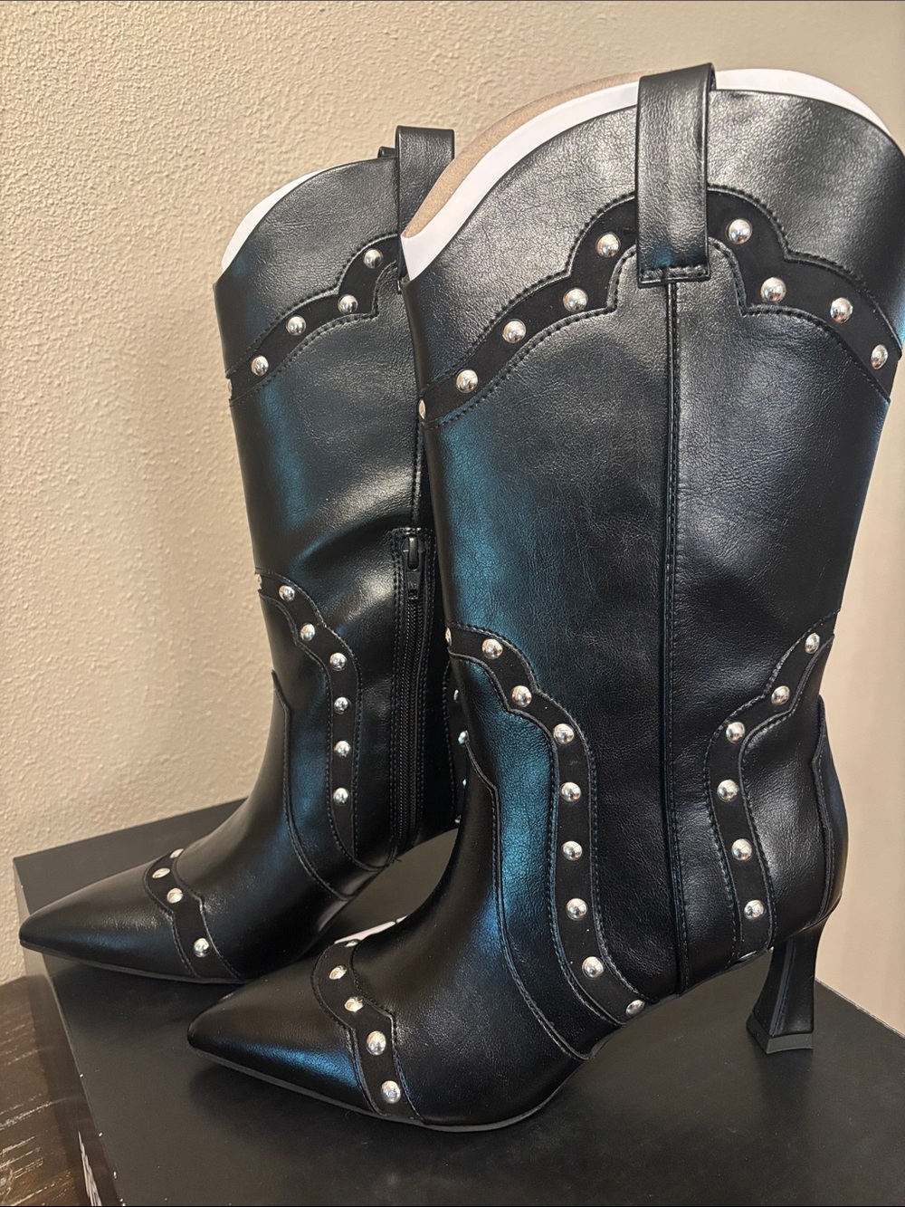 Madden NYC Women’s Black Studded Pointed-Toe Mid-Calf Women’s Boots
